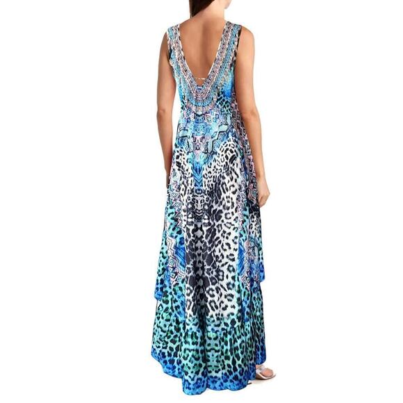 NWT La Moda Rhinestone Embellished Hi-low Ruffle Hem Maxi Swim Dress Cover-up - Picture 2 of 6